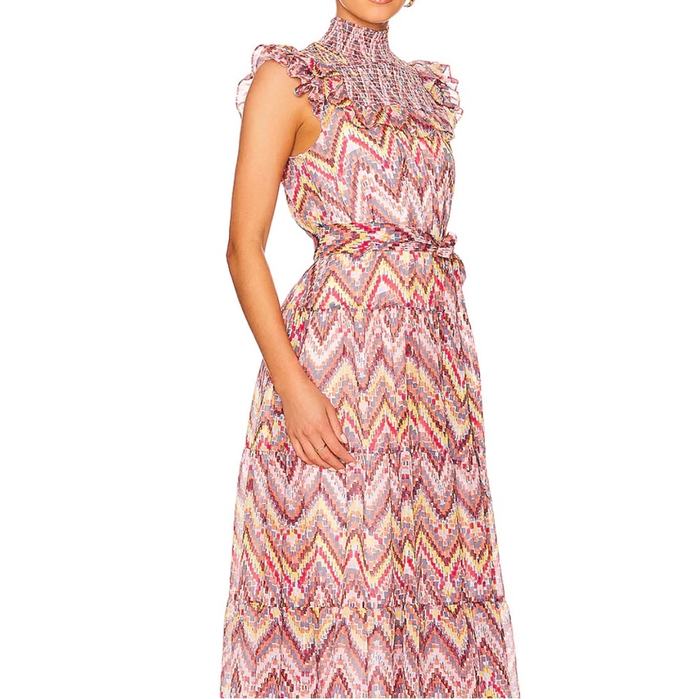 Likely Levine Smocked Ruffle Dress in Redwood & Nightshadow Multi
